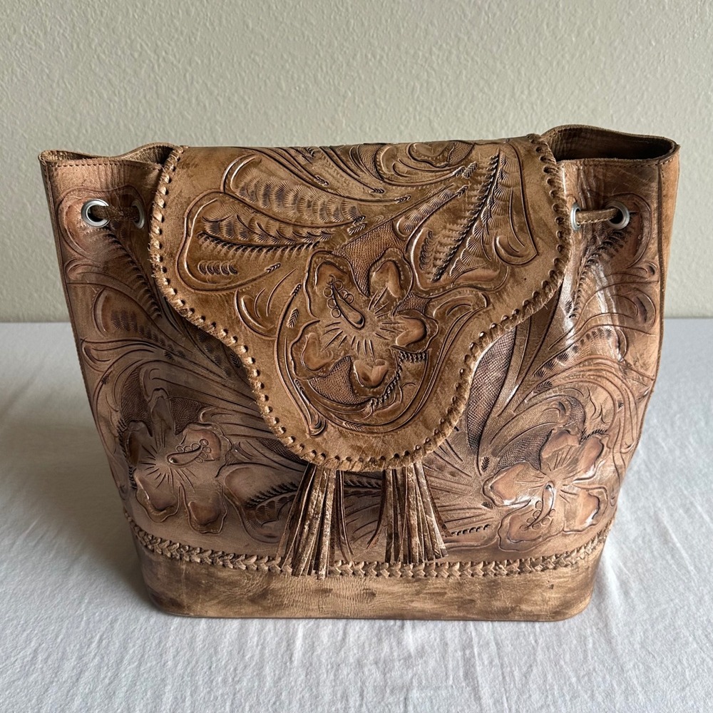 Alejandro Yeo Hand Tooled Leather Floral Backpack Tan Boho Tassel Drawstring Bag